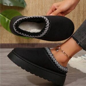 SHEIN Black Mules with White Stitching.